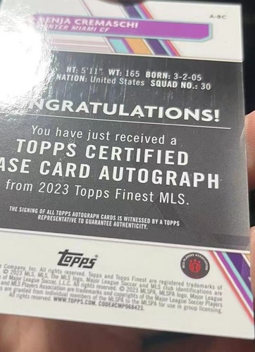 Benja Cremaschi 2023 Topps Finest MLS Base Auto Black 10/10 RC Last Print - Picture 4 of 4