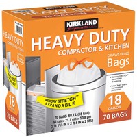 Kirkland Compactor Bags, 18 Gallon, Smart Fit Gripping Drawstring, 70 Ct Kirkland Compactor Bags, 18 Gallon, Smart Fit Gripping Drawstring, 70 Ct