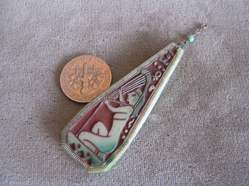Vintage Czech Egyptian Revival Art Deco Glass Bead Pendant Lyre Musician - Picture 4 of 4