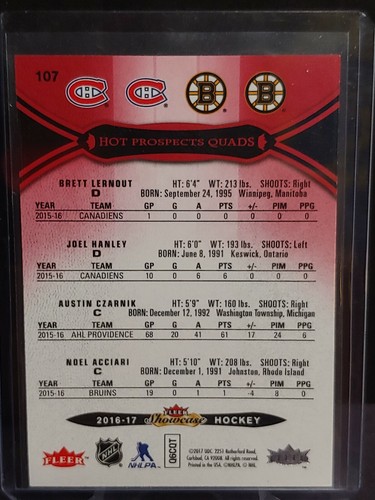 16-17 Fleer Showcase Red Glow #107 J. Hanley/A. Czarnik/N. Acciari/B. Lernout - Picture 2 of 2