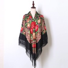 Women Russian National Scarf Lady Tassel Floral Print Headscarf Wraps Shawls