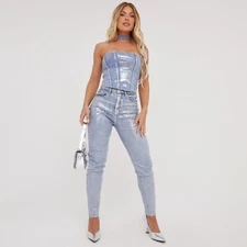 Ego Mid Rise Silver Metallic Foil Spray Straight Leg Jeans In Blue Denim UK 10