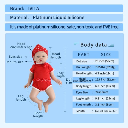 IVITA 20'' Lifelike Baby Girl Doll Full Body Soft Silicone Reborn Newborn Dolls - Picture 13 of 16