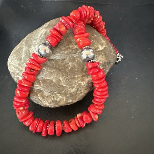 Red Coral Navajo Pearls Sterling Silver Bead Necklace 17” 18392 - Picture 8 of 12