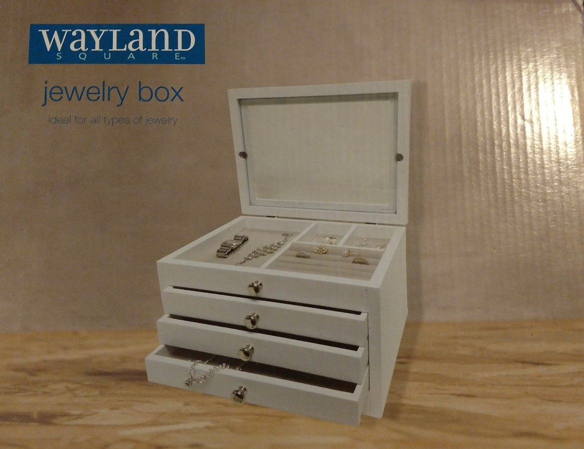Wayland Square Wooden Jewerly Box Velvet Lined Glass Lid Multiple Compartments