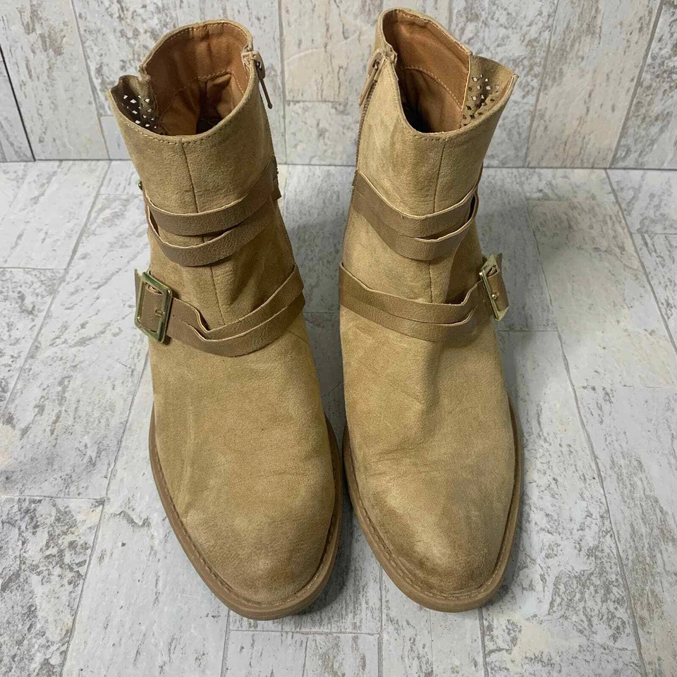 Botas de mujer Qupid talla 9 marrón gamuza cuero botines al tobillo hebillas tacón bloque Foto 2 de 4