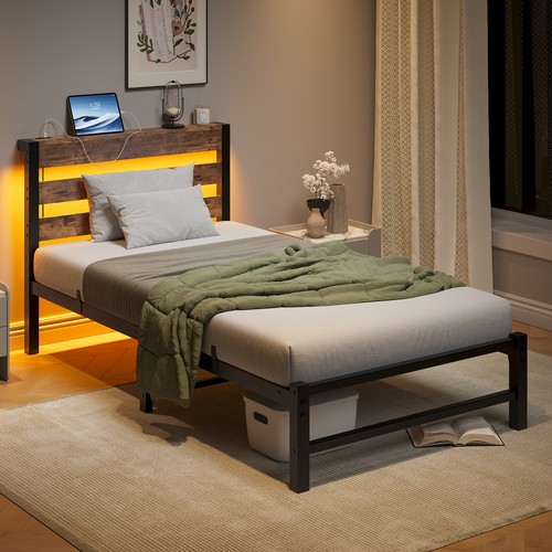 Metal Twin Size Bed Frame with LED/Headboard /USB Charging Station Slatted Brown - Picture 3 of 14