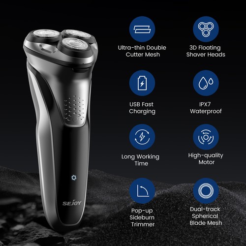 SEJOY 3D Men Electric Shaver Rotary Razor with Pop-up Trimmer Wet&Dry Waterproof - Picture 4 of 14
