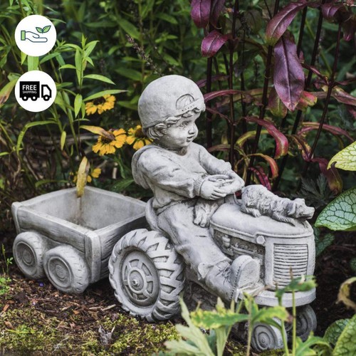 Boy & Dog on Tractor with Small Trailer Garden Planter Set Concrete Cast Statue - Picture 2 of 8
