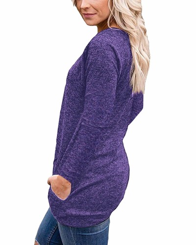 Women Round Neck Button Stitching Long Sleeve Pocket Trim Blouse Tunic T-Shirt - Picture 14 of 16