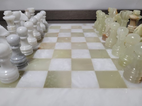 Chess Set 12" Green/Cinder White Onyx/Marble Handmade With Wood Case NEW Classic - Picture 13 of 18