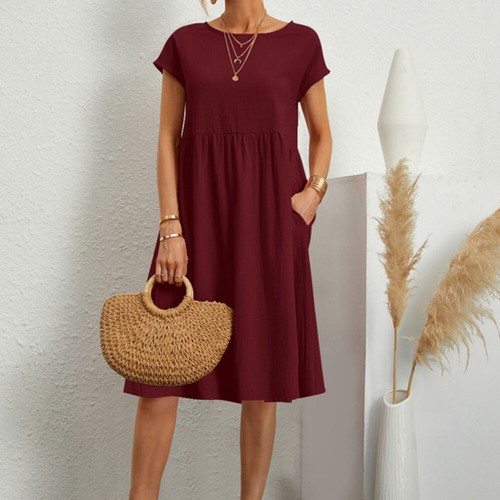 Women Cotton Linen Short Sleeve Round Neck Sundress Solid Loose Shirt Dresses - Picture 16 of 55