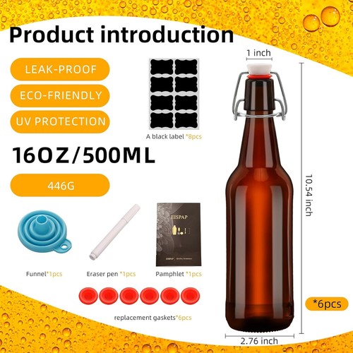 Amber Beer Bottles with Flip Caps, 16oz Glass Bottle 16oz, 6 pcs - Picture 2 of 6