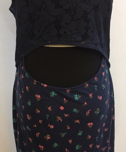 NEW BONGO Mid Length Navy Blue Pink Floral Open Lace Back Jersey Knit Dress XL - Picture 7 of 8