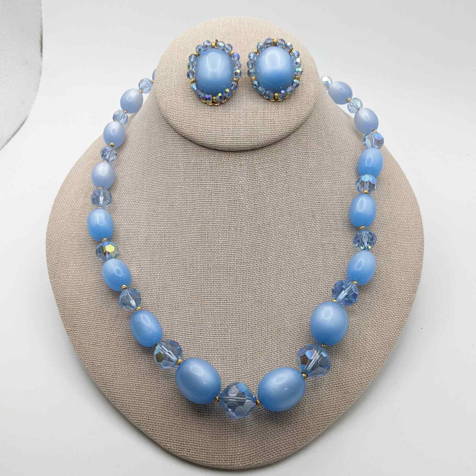 Long Vintage Blue Moonglow Lucite Beaded Necklace… - image 1