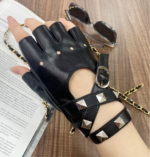 Half Finger Pu Leather Gloves Women Rock Punk Style Fingerless Rivet Mittens - Picture 12 of 15