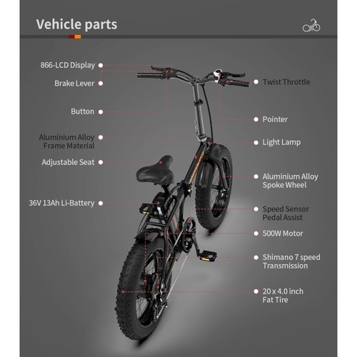 Folding Electric Bike Ebike Bicycle 500W Motor 20" Fat Tire w/ 36V/13Ah Battery - Picture 5 of 24