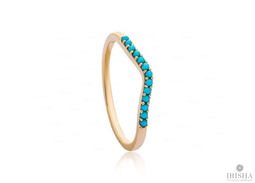 14K Gold 0,16 Ct. echter Türkis Edelstein Chevron Design Ring feiner Schmuck - Bild 1 von 7