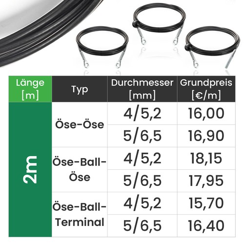 Stahlseil für Fitnessgeräte mit Öse, Ballstopper und Gewindeterminal Schwarz - Bild 23 von 58