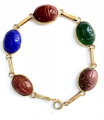 14k Gold Scarab Bracelet Large Gems Lapis Jade Carnelian Goldstone 7.25” Vintge