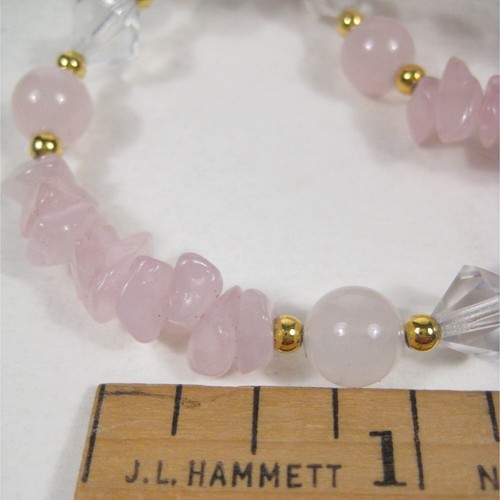Rose Quartz Chip Beaded Necklace 30 inch Glass Bead Goldtone Box Clasp Strand - Picture 3 of 10