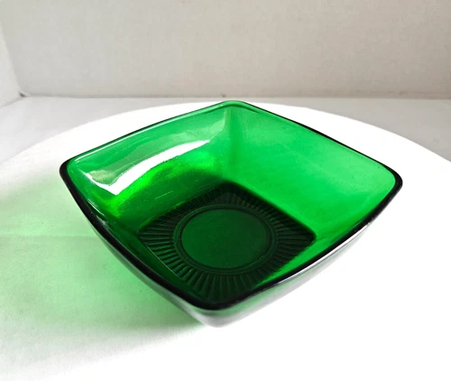 Anchor Hocking Charm Forest Green Glass Square Fruit Dessert Bowl Vintage 1950's