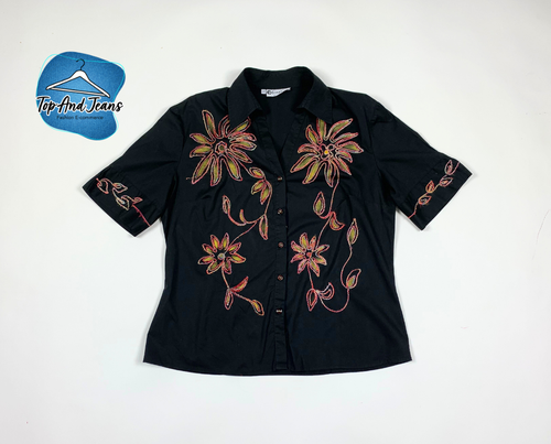 Carina camicia donna usato nera floreale tg 48 L manica corta cotone top T8726 - Foto 2 di 10