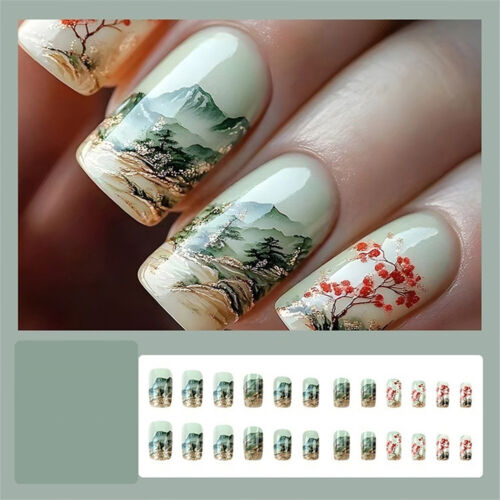Short Square Press-On Fake Nail Mountain Forest Retro Glossy Manicure 24pcs - Picture 5 of 7