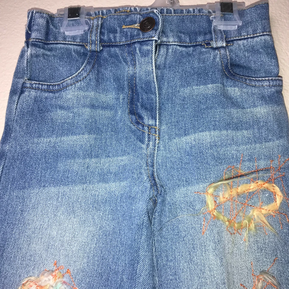 复古 Little Mass 蓝色牛仔裤 Cottage Core 磨损装饰装饰 4 码 — 第 2/4 张图片