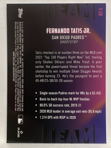 Stadium Club 2022 Chrome Beam Team #BT-5 Fernando Tatis Jr. - Imagen 2 de 2