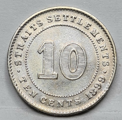 STRAITS SETTLEMENTS Malaysia Britain 10 cents 1899 XF Queen Victoria Silver #E27 - Picture 1 of 4