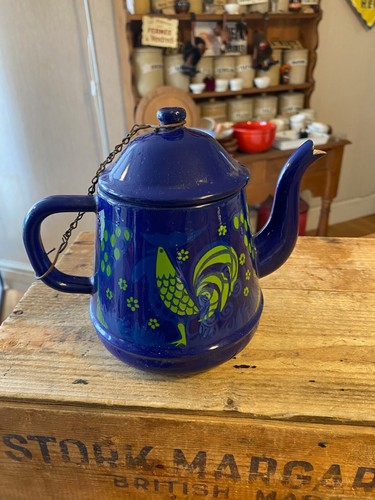 Vintage Blue Enamel Teapot – Green Bird Design – Retro – Great! – - Picture 2 of 5