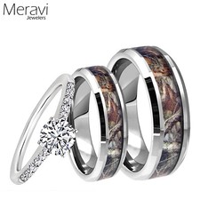 Tungsten Mossy Forest Oak Camo Band CZ Sterling Silver Wedding Ring [His &amp; Her]