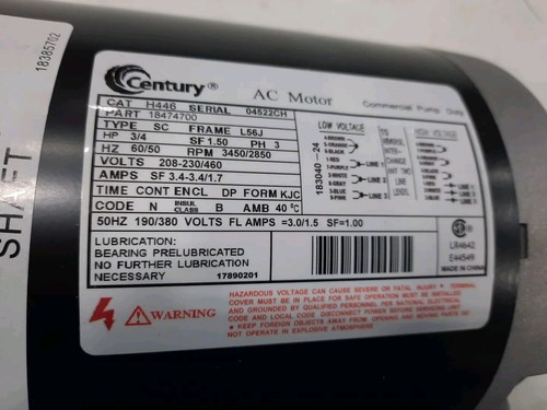 Century Electric Motor H446 18474700 3/4HP 208-230/460 Volt - Picture 2 of 10