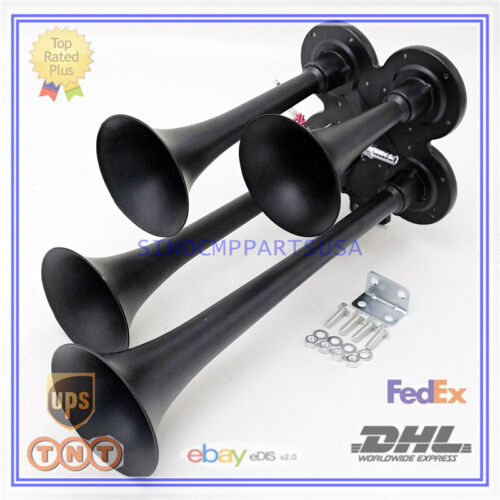 Cuerno de aire de tren negro 12V/24V 300DB 4 trompetas enchapadas para sonido fuerte de camión/automóvil - Imagen 6 de 7