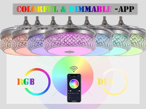 42" Silver Luxury Invisible Ceiling Fan Lamp Crystal LED Chandelier Light+Remote - Picture 58 of 94