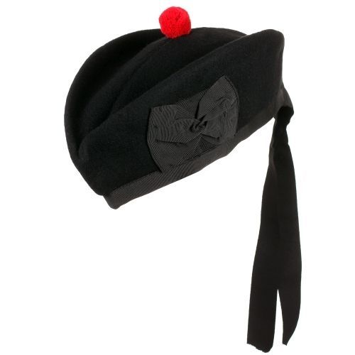 HW Scottish Glengarry Plain Hat Black Pure Wool/Piper Cap Red Pompom on Top - Picture 1 of 1