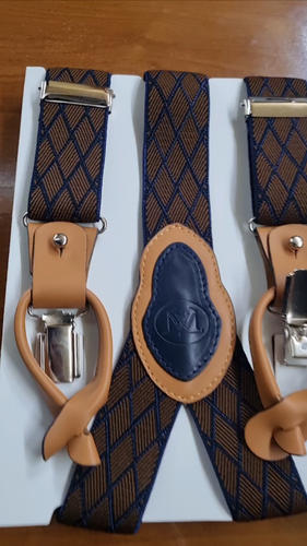SUSPENDERS BROWN BLUE ELASTIC & LEATHER DESIGN MEN HANDMADE CLIP & BUTTON T-13 - Video 1 of 1