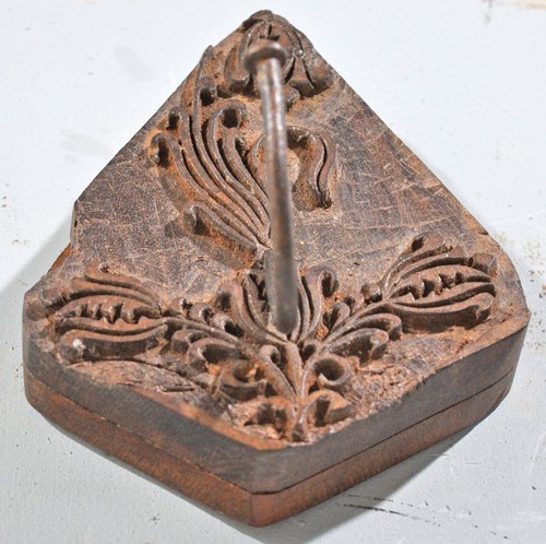 Antique Wooden Textile Printing Block Hook Hanger Original Old Hand Carved - Picture 5 of 6