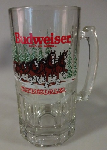 Vintage Budweiser Clydesdale Horse Holiday Large Heavy Glass Mug Stein 1989 Beer - Picture 1 of 7