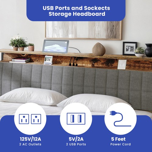 King Size Bed Frame Hidden Storage Headboard with 2 AC Outlets USB Port Station - Picture 4 of 11