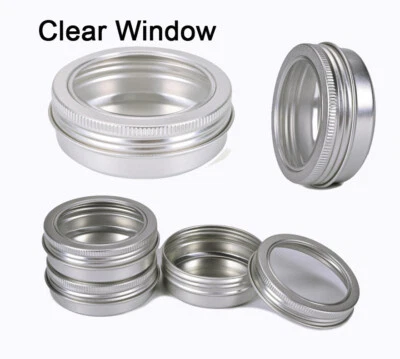 Aluminum Tin Clear Window Screw Top Lid Round Metal Salve Container Travel Tin