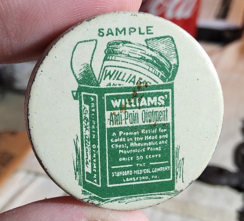 (4) VINTAGE CIRCULAR SAMPLE TINS ADV. WILLIAMS' ANTI-PAIN OINTMENT LANSFORD, PA. - Picture 3 of 5