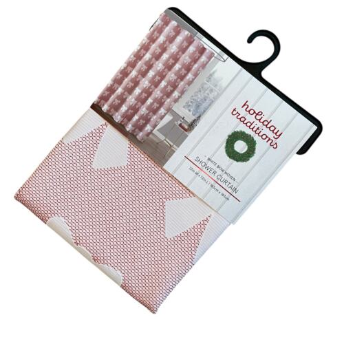 Holiday Traditions WHITE BOW Woven Shower Curtain 72x72 Red & White New - Picture 2 of 12