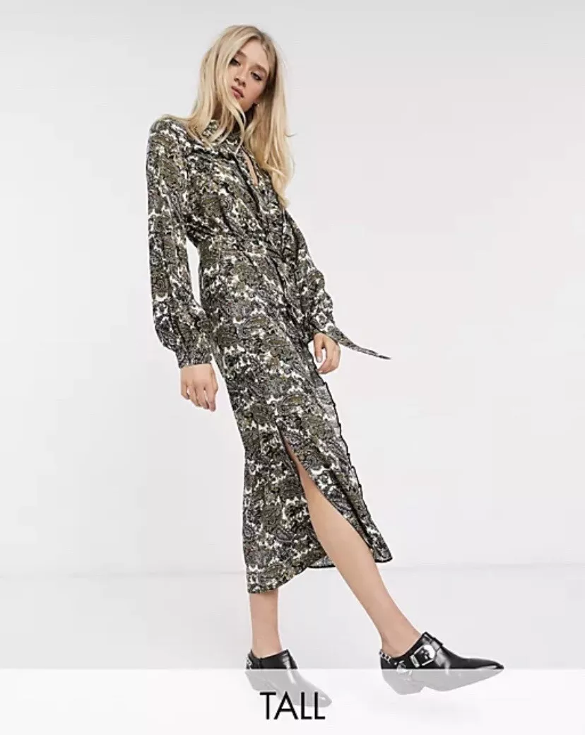 Topshop Midi Maxi Dress US 8 TALL Boho Floral Long Sleeve Paisley