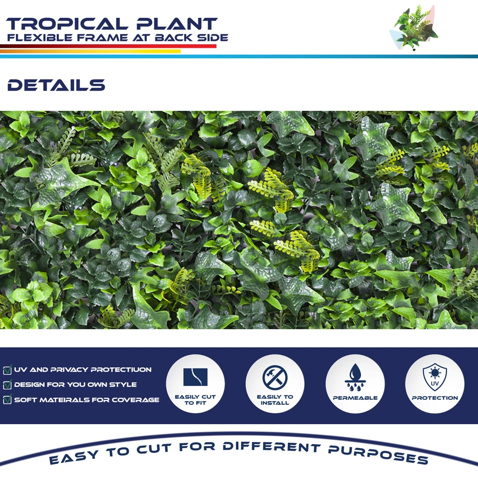 20"x20" Artificial Imitación Tropical Hoja Privacidad Valla Pantalla Decoración Paneles Seto Foto 2 de 4