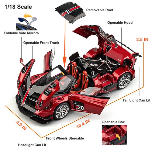1:18 Diecast Vehicle for Pagani Huarya Super Car Model Car Toy Sound Light Gift - Picture 3 of 14