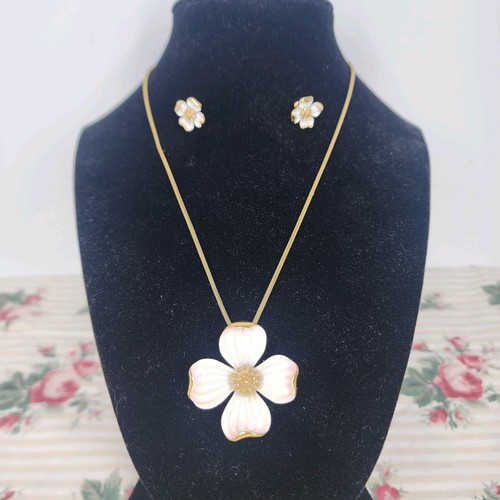 Vintage Signed Crown Trifari Pendant Chain Dogwood Flower, White Enamel Earrings