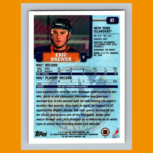 Eric Brewer #97 1999 Topps New York Islanders Hockey Card NHL NM - Picture 2 of 3