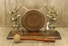Antique Cornish Pixie Gong -English -Brass- Oak- Dinner Chime- Victorian- C.1900